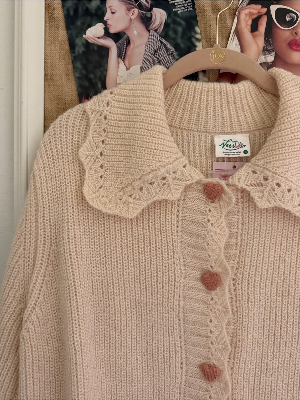 Cream Button-Up Knit Sweater with Scalloped Collar and heart bottons - Picture 3 of 3